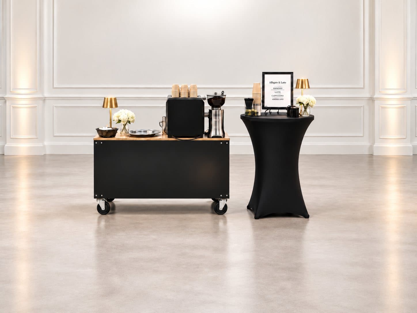 Mobile espresso cart with a cocktail table, menu and fresh flowers, set up for an event